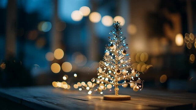 Macro shot of tabletop Christmas tree with soft string lights and simple ornaments, modern small apartment decor, small space christmas decor