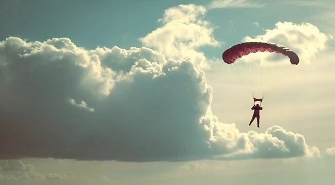 Skydiver descends from the heavens amidst fluffy white clouds, experiencing the thrill of freefall