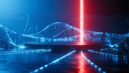 Futuristic digital landscape with glowing blue pathways and a central red beam, featuring abstract waveforms and data streams in a high-tech environment.