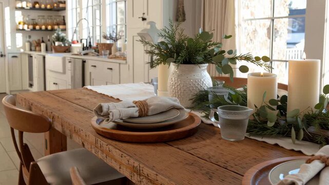 A table with a white tablecloth and a candle centerpiece. The candles are lit. Macro view of farmhouse dining setup with simple holiday details &mdash; candles, greenery, and linen, country style christmas