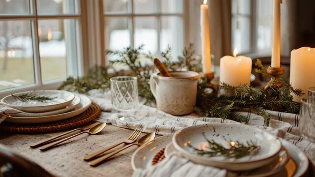A beautifully set dining table with a white tablecloth. Macro view of farmhouse dining setup with simple holiday details &mdash; candles, greenery, and linen, country style christmas