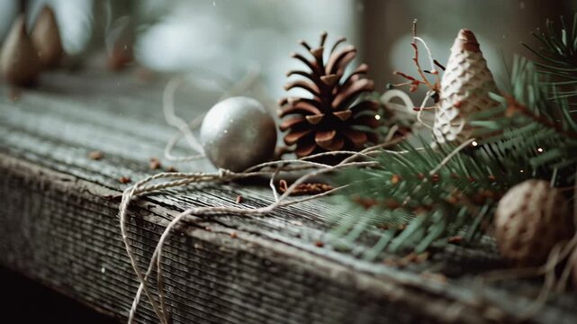 A wooden table with a bunch of Christmas ornaments on it. Macro shot of pine needles and small handmade ornaments resting on wooden beam, serene winter tone, off grid christmas cabin