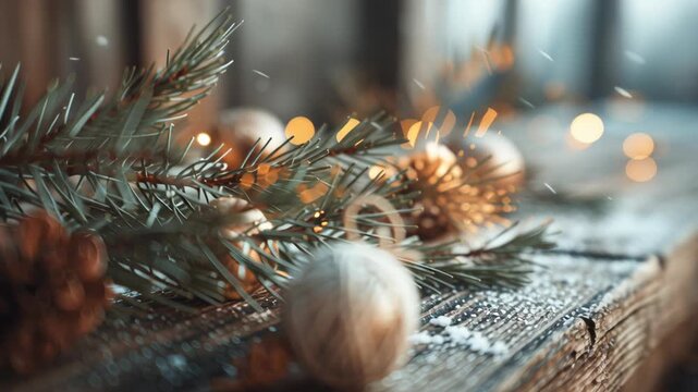 A wooden table with a Christmas tree ornament and pine cones on it. Macro shot of pine needles and small handmade ornaments resting on wooden beam, serene winter tone, off grid christmas cabin