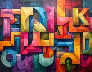 Abstract geometric artwork featuring bold, layered shapes and vibrant colors