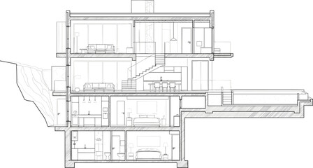 Multi-level house section icon vector—hillside foundation, furnished rooms, and structural layout for architectural, interior, and planning visuals