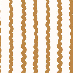 Simple and bumpy thick wavy lines, forming a minimalist stripes pattern in colors of brown on off white background. Abstract geometric seamless vector pattern. Great for home decor, fabric, wallpaper.