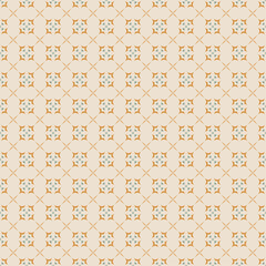 Seamless vintage inspired geometric pattern with intersecting light orange lines creating a grid Each intersection features a stylized layered teal and orange floral motif on a cream background Vector