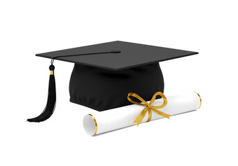 Graduation Cap, Diploma Scroll on white background