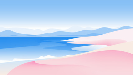 Minimalist seaside landscape with smooth pink dunes meeting deep blue water, distant blue mountains fading into a pale blue sky © momosama