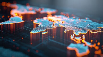 Global Network Connection: Abstract World Map with Data Points and Orange Illumination for Technology Concepts