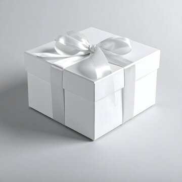 Caja de regalo blanca con lazo elegante sobre fondo claro, concepto minimalista de celebraci&oacute;n y obsequio premium
