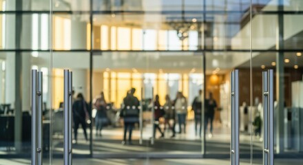 Obraz premium Modern Office Building Entrance with Glass Doors and Blurred People, Reflecting Contemporary Workplace Dynamics