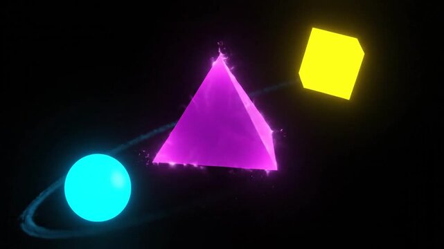 A 3D vector illustration of a bright laser beam hitting a prism triangle to create a rainbow glow against a dark blue space backdrop with a pyramid spotlight design