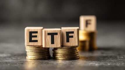 Exchange Traded Fund Concept: Stacked Coins and Wooden Blocks Spelling ETF, Financial Investment Strategy
