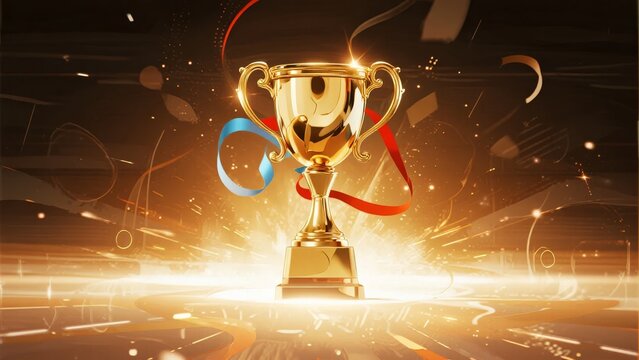 Golden trophy with glowing light and ribbon on a dynamic background