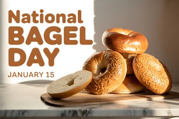 National Bagel Day celebration banner with fresh sesame bagels on rustic wooden tray