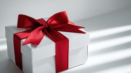 Obraz premium Elegant White Gift Box with Red Ribbon, Holiday Present for Special Occasions and Celebrations