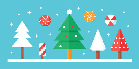 Naklejka premium Festive christmas trees and candies with snowflakes on blue background