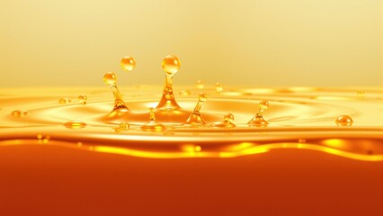 Droplets of water arise from a surface of thick golden liquid, forming small splashes as bright light reflects off the surface. scene captures dynamic movement and shine