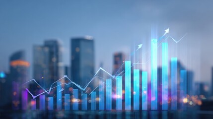 Financial Growth Chart Overlaying Cityscape: Business Analytics, Investment Strategy, Market Analysis
