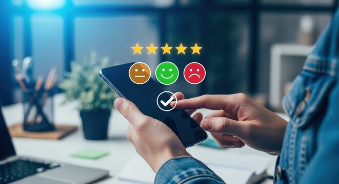 Customer Feedback on Smartphone with Five Star Rating and Satisfaction Emoticons, Review and Rating Concept
