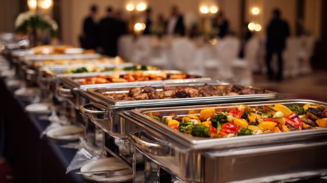 Elegant Buffet Catering Service Displaying Variety of Gourmet Dishes at a Corporate Event or Wedding