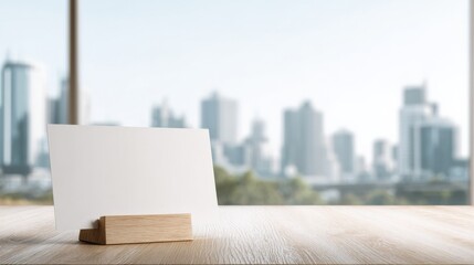 Blank White Card Mockup on Wooden Table with Blurred Cityscape Background for Promotion
