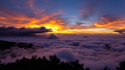 sunset fills the sky with bright colors as clouds cover the landscape below. This view is taken from a mountain viewpoint during evening hours, showing nature's beauty