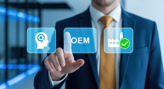 OEM business model concept showcasing original equipment manufacturer and business solutions with engineering and factory touch screen interaction