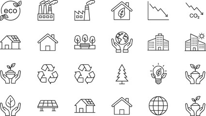 Eco sustainability line icons set, renewable energy symbols, green building illustrations, environmental conservation graphics, climate change awareness, recycling and eco-friendly concepts