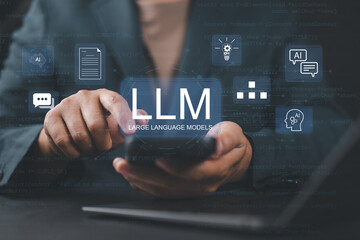 LLM and AI large language model concept with a businessman holding a smartphone displaying LLM icons, representing general-purpose language generation and chat AI capabilities.