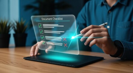 Digital Document Checklist on Tablet Interface: Business Review, Data Analysis and Online Verification Concept