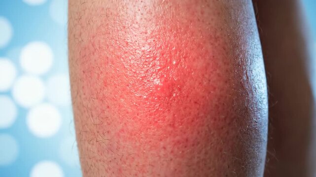 Close up of a persons leg showing a red inflamed rash with a small blister.