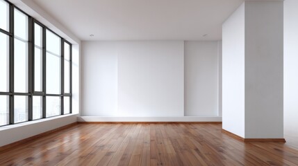 Obraz premium Minimalist Room Interior with Large Window and Wood Floor, Ideal for Real Estate Mockups