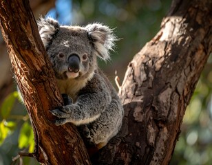 Obraz premium Adorable koala, gray fur, looking at camera, perched on a large tree branch