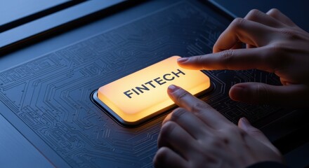 Illuminated Fintech Button Being Pressed Indicates Financial Technology Solutions, Future Investments and Digital Innovation