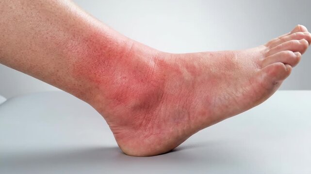Close-up of a swollen and inflamed ankle showing signs of cellulitis infection.