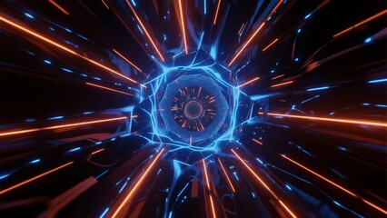 Abstract digital tunnel with glowing blue and orange lines converging toward a central hexagonal structure