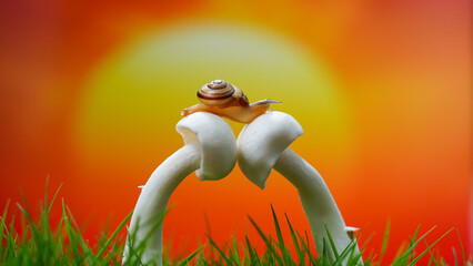 Macro photo of a small brown snail sitting on a fresh mushroom
