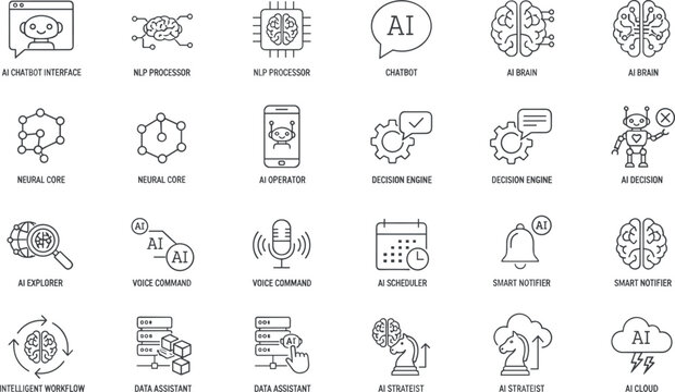AI technology line icons set, chatbot interface, NLP processor, neural core, decision engine, automation, data assistant, smart notifier, AI strategist, cloud intelligence