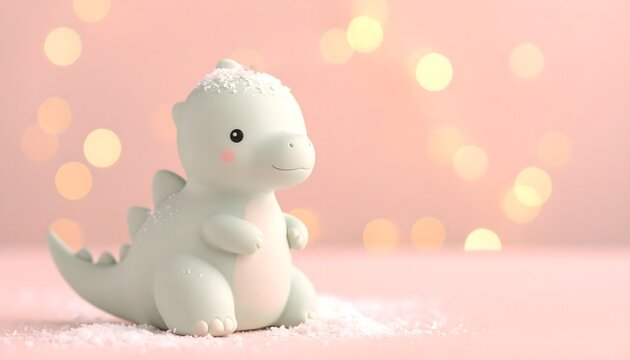 Figura decorativa de peque&ntilde;o dinosaurio blanco adorable sobre nieve con fondo bokeh c&aacute;lido y atm&oacute;sfera invernal suave