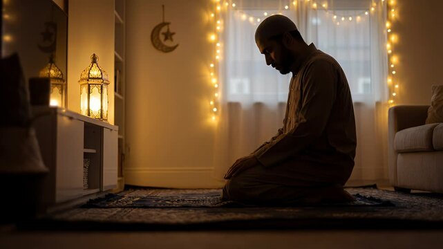 Muslim man kneeling and praying on a prayer rug surrounded by Ramadan decorations in dimly lit room at home