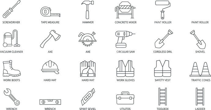 Construction tools and equipment line icons including hand tools, safety gear, power tools, traffic cones, ladder, toolbox, and industrial work essentials - Powered by Adobe