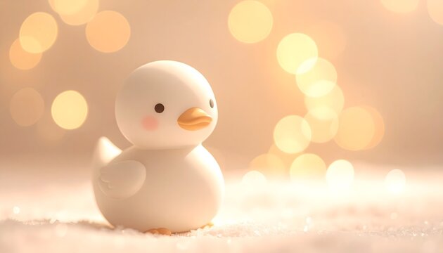 Figura decorativa de patito blanco adorable sobre nieve con fondo bokeh c&aacute;lido y atm&oacute;sfera invernal suave