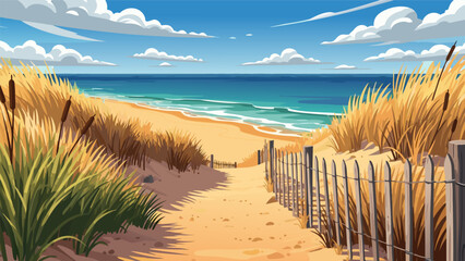 Fototapeta premium A sandy path with wooden fences leads through tall dune grasses towards a beautiful blue ocean under a bright, cloudy sky.