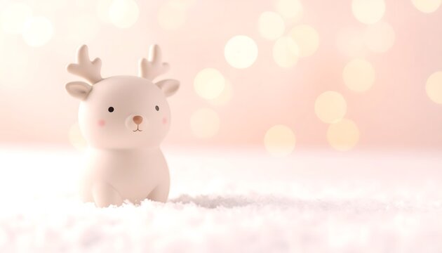 Figura decorativa de peque&ntilde;o ciervo blanco sobre nieve con fondo bokeh suave y atm&oacute;sfera invernal delicada