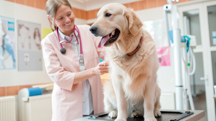 A golden retriever is being examined by a veterinarian in a well-lit clinic. The caring professional is focused and attentive to the dog's needs. Generative AI.