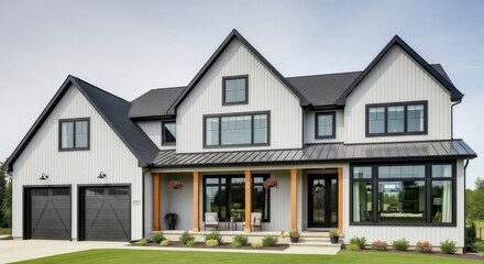 Modern farmhouse exterior with white brick and black accents, featuring a welcoming porch and large windows