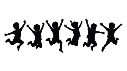 Silhouette of six happy children jumping for joy against a