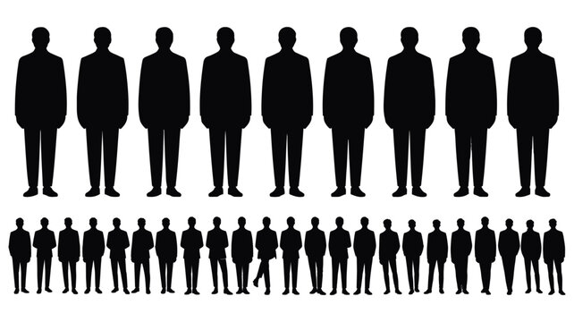 Set of male human silhouettes in business suits of various heights and sizes